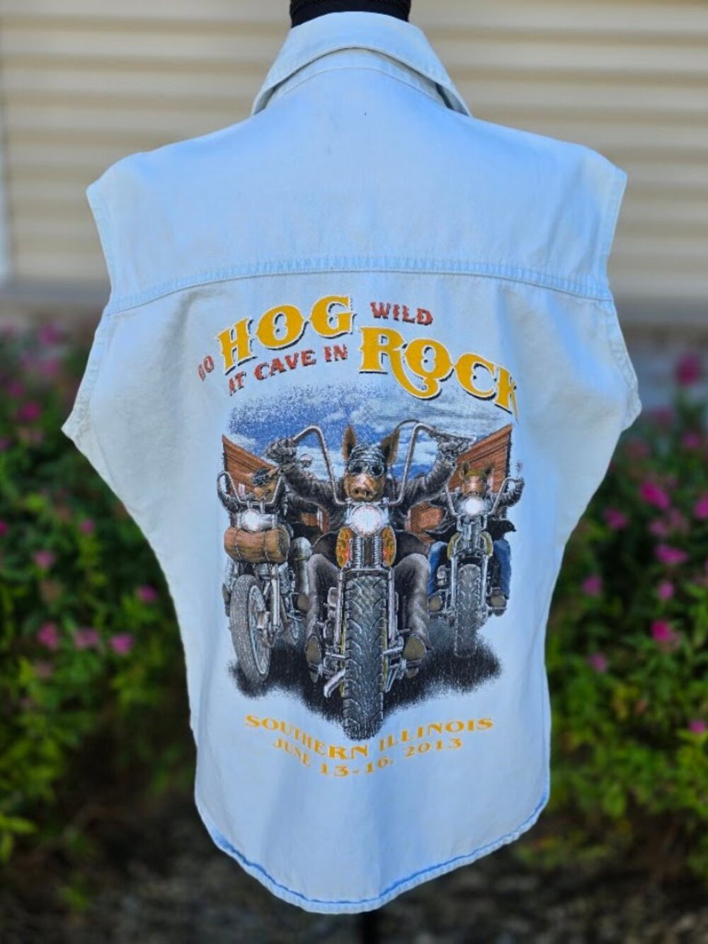 Hog Rock 2013 Motorcycle Rally Sleeveless Denim Shirt XL Biker Graphic - Picture 4 of 11